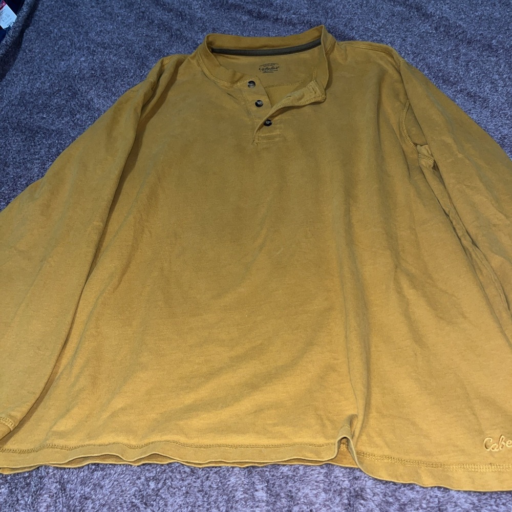 Cabela's Mens L Regular  Long Sleeve Shirt 3 Three Button Pullover Mustard Yello